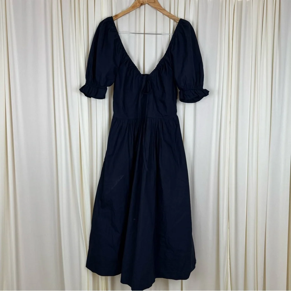 Quince Navy Blue Organic Cotton Puff Sleeve Midi Dress Sz S Summer Elegant - Picture 2 of 7
